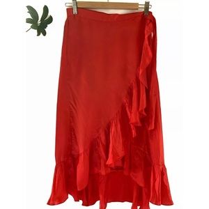 Saylor Ruffle faux Wrap Skirt Midi Red  Long Sz S